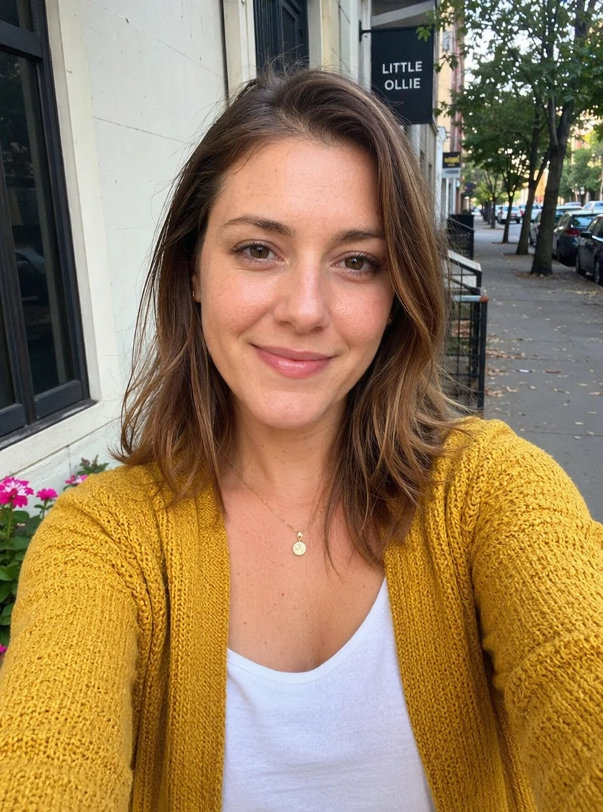 Before — Woman Mustard Cardigan