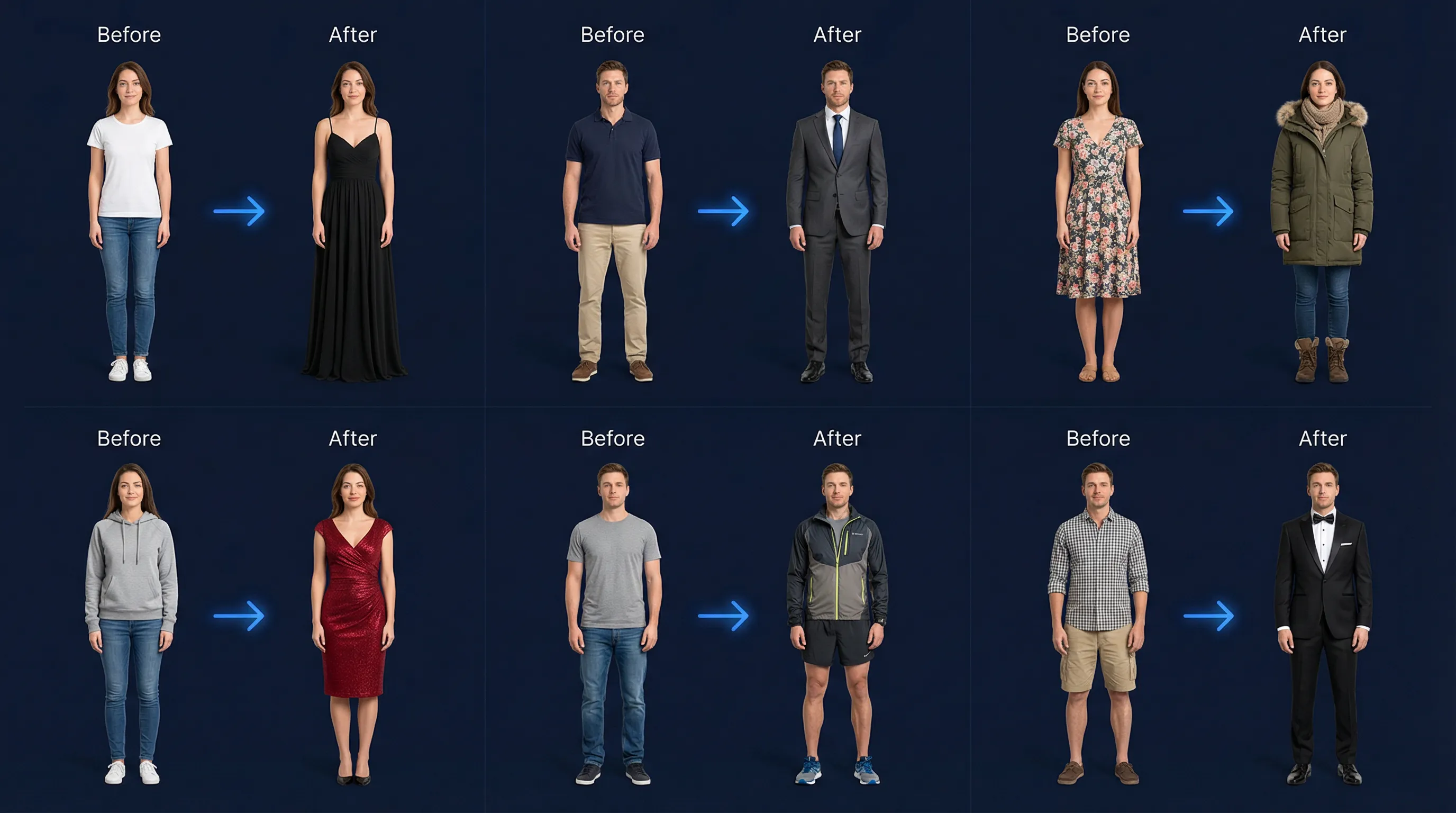 AI Clothes Changer Examples - Virtual Try-On Before and After