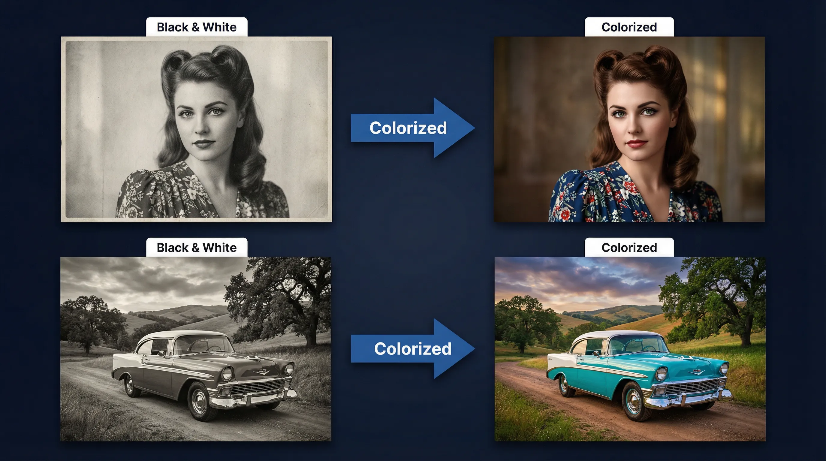 AI Image Colorizer Showcase - Black & White to Color transformation