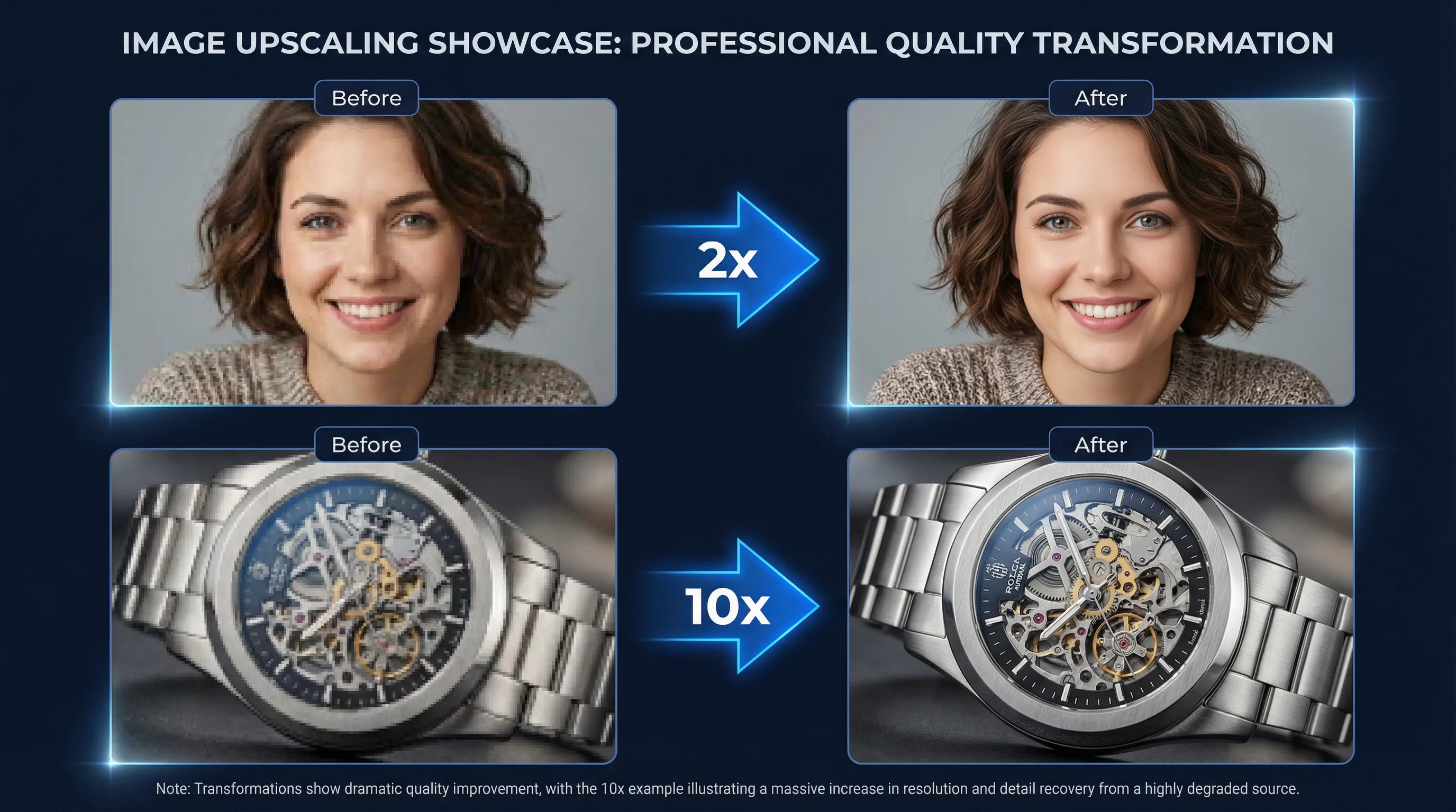 AI Image Upscaler Showcase - 2x and 10x upscaling comparison