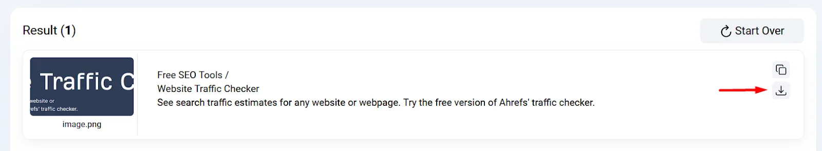 Search result card displays a dark blue thumbnail, website traffic description, copy and download icons, and a red arrow.