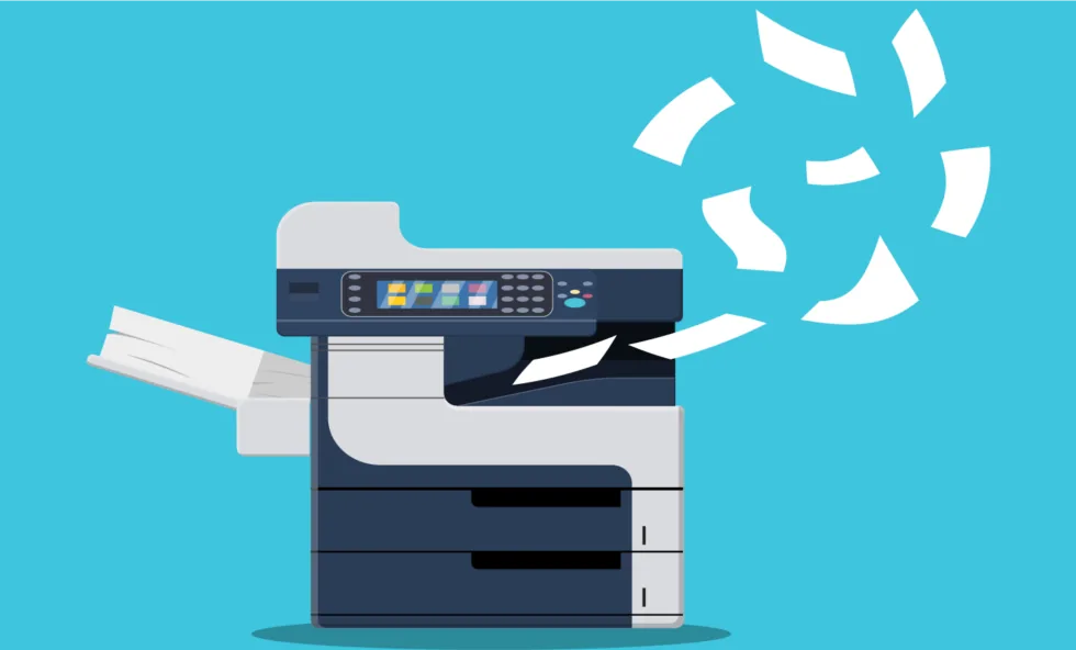 Printer with paper sheets flying above it against a turquoise background.