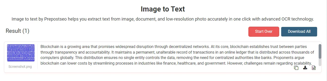 Webpage displays “Image to Text” heading, extracted paragraph, purple thumbnail, and “Start Over” and “Download All” buttons.