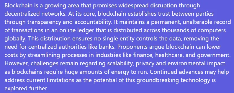 Paragraph of white text on a purple background discusses blockchain, decentralized networks, records, benefits, challenges, and energy use.