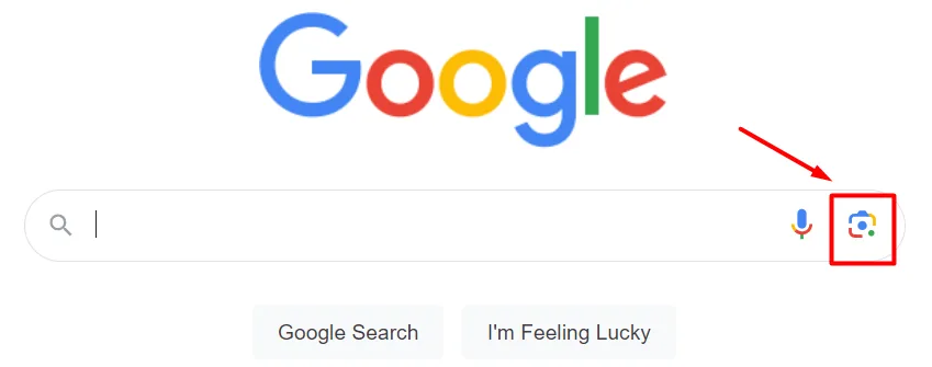 Google homepage displays a search bar, microphone, and Lens icon, highlighted by a red arrow and box.