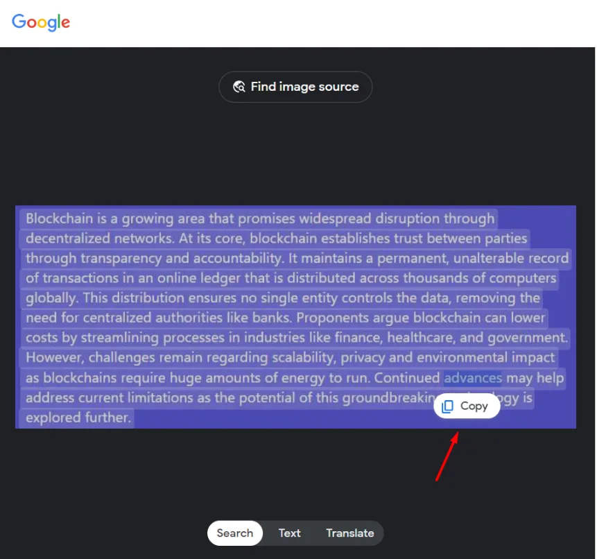 Screenshot displays a highlighted blockchain paragraph, a floating Copy button, a red arrow, and Search, Text, Translate tabs.