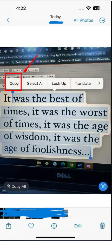 Smartphone screen displays a laptop with highlighted text, a copy menu, and Photos app controls.