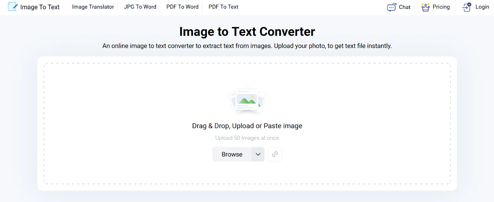 Website screenshot featuring an Image to Text Converter with navigation, upload area, Browse button, and link icon.