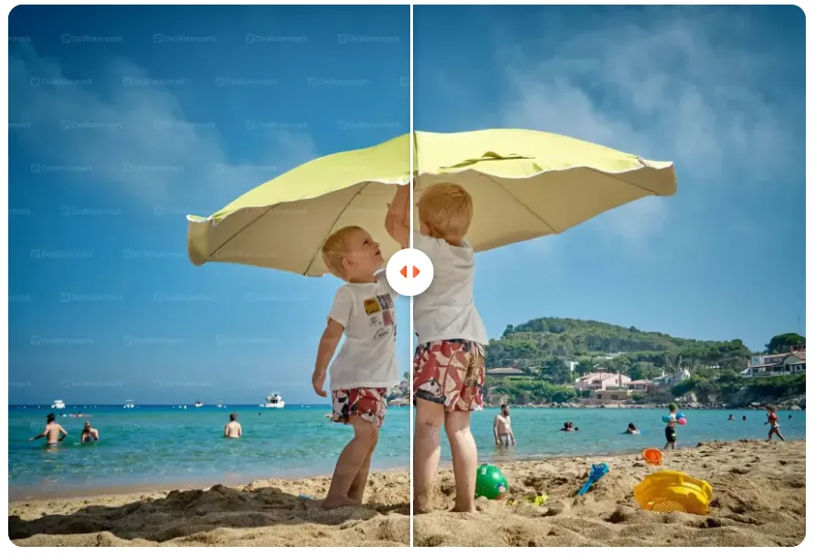 Split-screen comparison of beach photo showing before and after water marker removed.