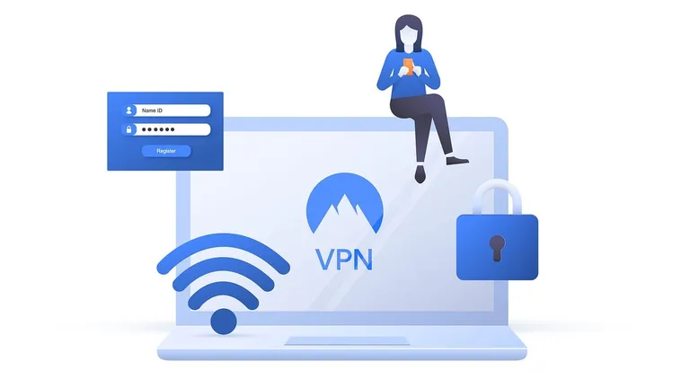 Laptop displays a VPN security interface with Wi-Fi symbol and padlock, while a woman sits atop the screen.