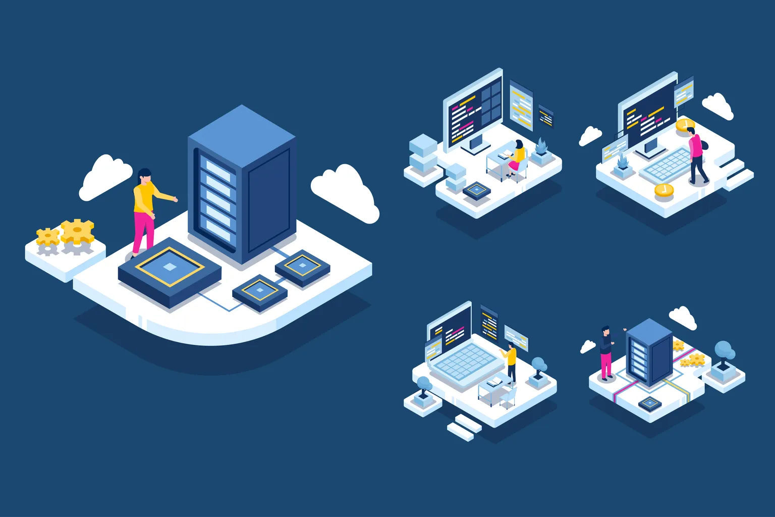 Isometric platforms display servers, computer monitors, charts, people, clouds, and decorative gear icons against a dark blue background.