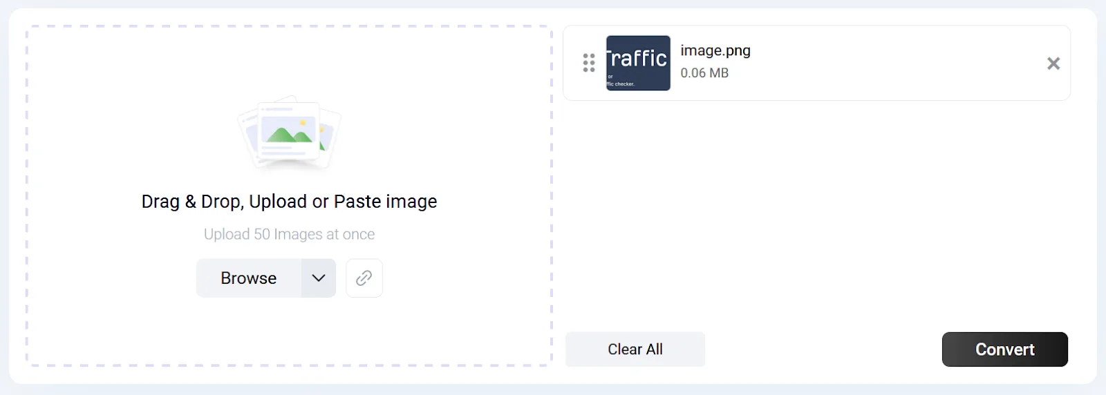 Interface displays a dashed image-upload area, file preview, Browse and link buttons, Clear All, and Convert controls.