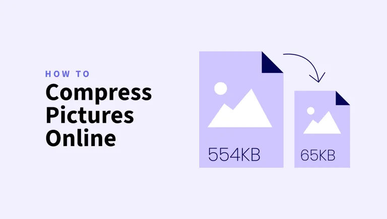 Text reading “How to Compress Pictures Online” beside two image files labeled 554KB and 65KB, with a curved arrow indicating reduction.