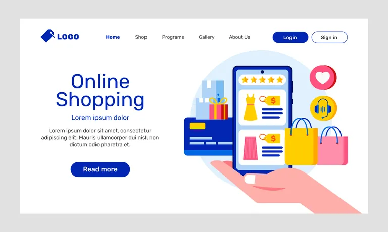 Website landing page features an online shopping illustration with a smartphone, shopping bags, gift boxes, and navigation links.