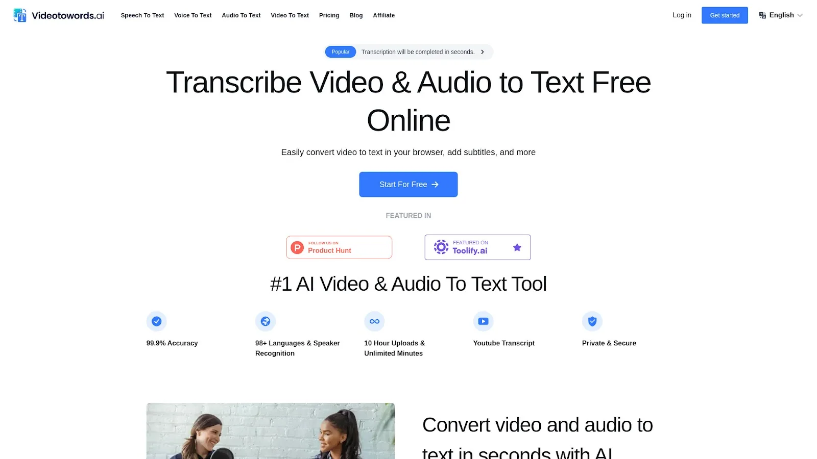 Website homepage displays a “Transcribe Video & Audio to Text Free Online” heading, blue button, feature icons, and partial photos.
