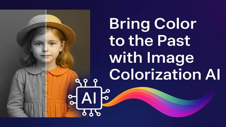 Portrait of a girl is split between grayscale and color, beside an AI chip and rainbow wave.