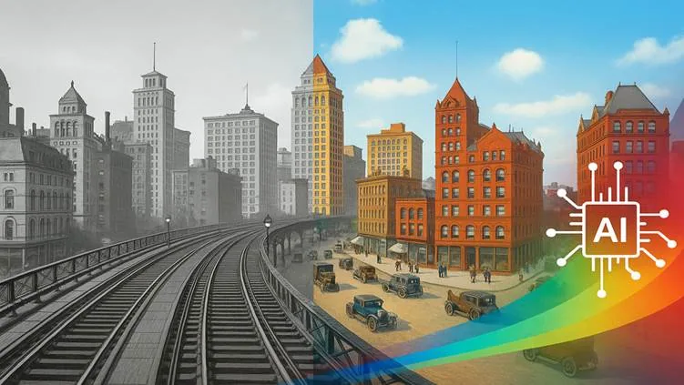 Split cityscape shows a grayscale historic skyline and railway blending into colorful buildings, vintage cars, and an AI chip graphic.