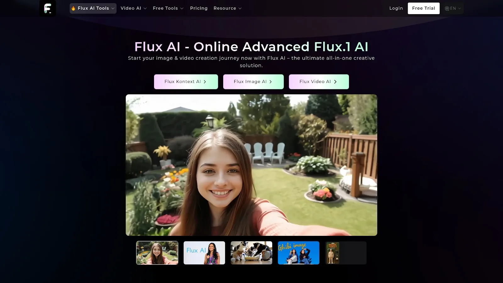 Website homepage displays a smiling woman taking a selfie in a landscaped garden, with colorful navigation buttons above.