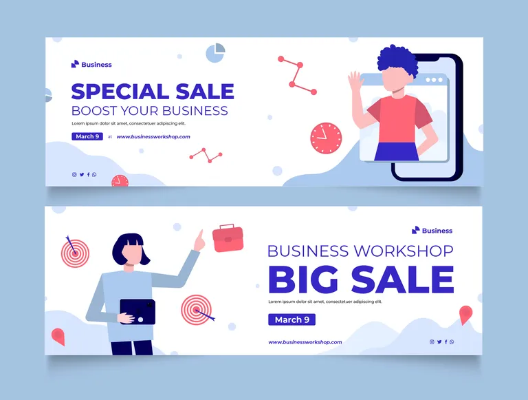 Banners advertise a special business sale and workshop, featuring colorful illustrations of people, laptops, charts, targets, and clocks.
