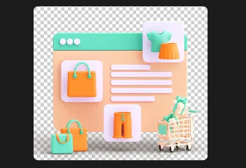 Browser window displays pastel shopping bags, shirt, dress, and shopping cart against a checkerboard background.