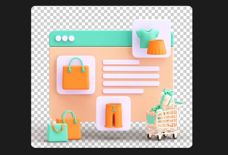 Browser window displays pastel shopping bags, shirt, dress, and shopping cart against a checkerboard background.