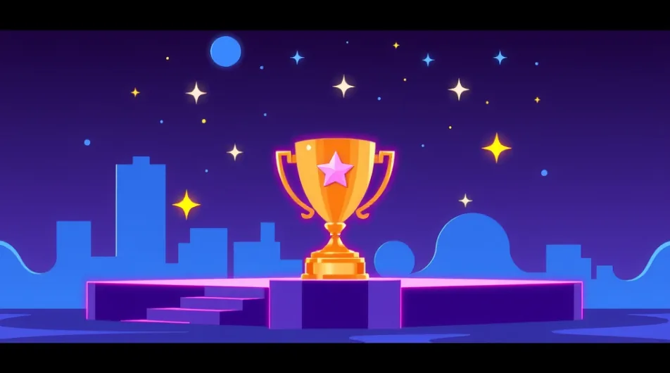 Trophy with a pink star stands on a purple podium against a starry blue cityscape.