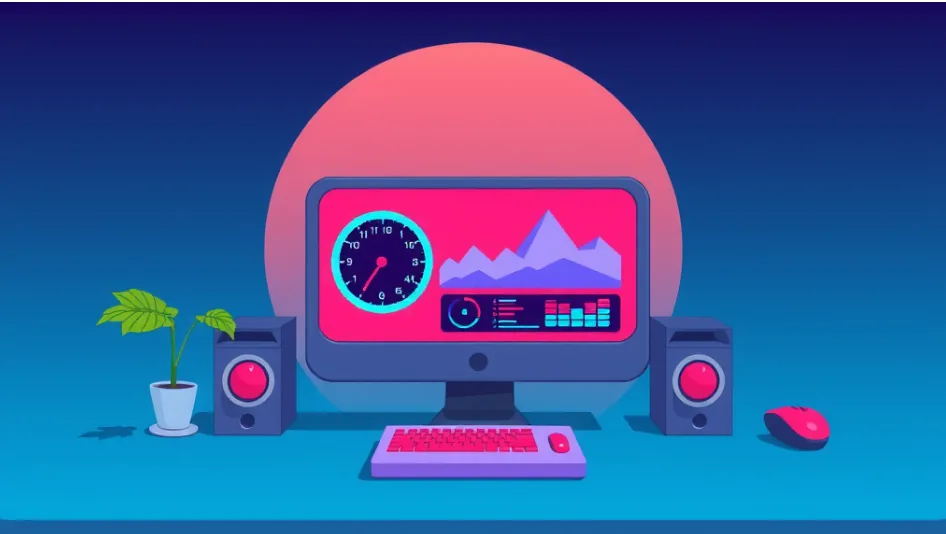 Computer monitor displays a clock, mountain chart, and colorful dashboard, flanked by speakers, plant, keyboard, and mouse.