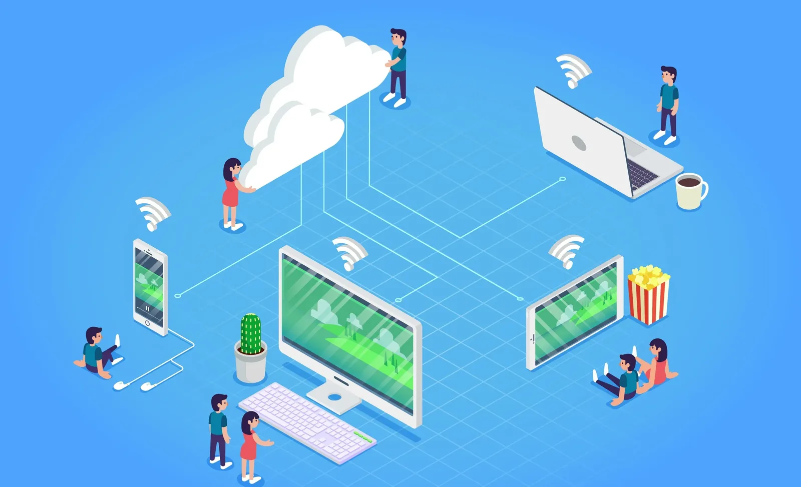People connect smartphones, tablets, laptops, and a desktop computer through a cloud network, with Wi-Fi symbols nearby.