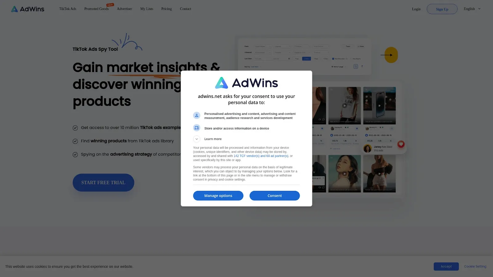 Website displays an AdWins cookie consent dialog over a dimmed TikTok ads landing page with blue buttons.