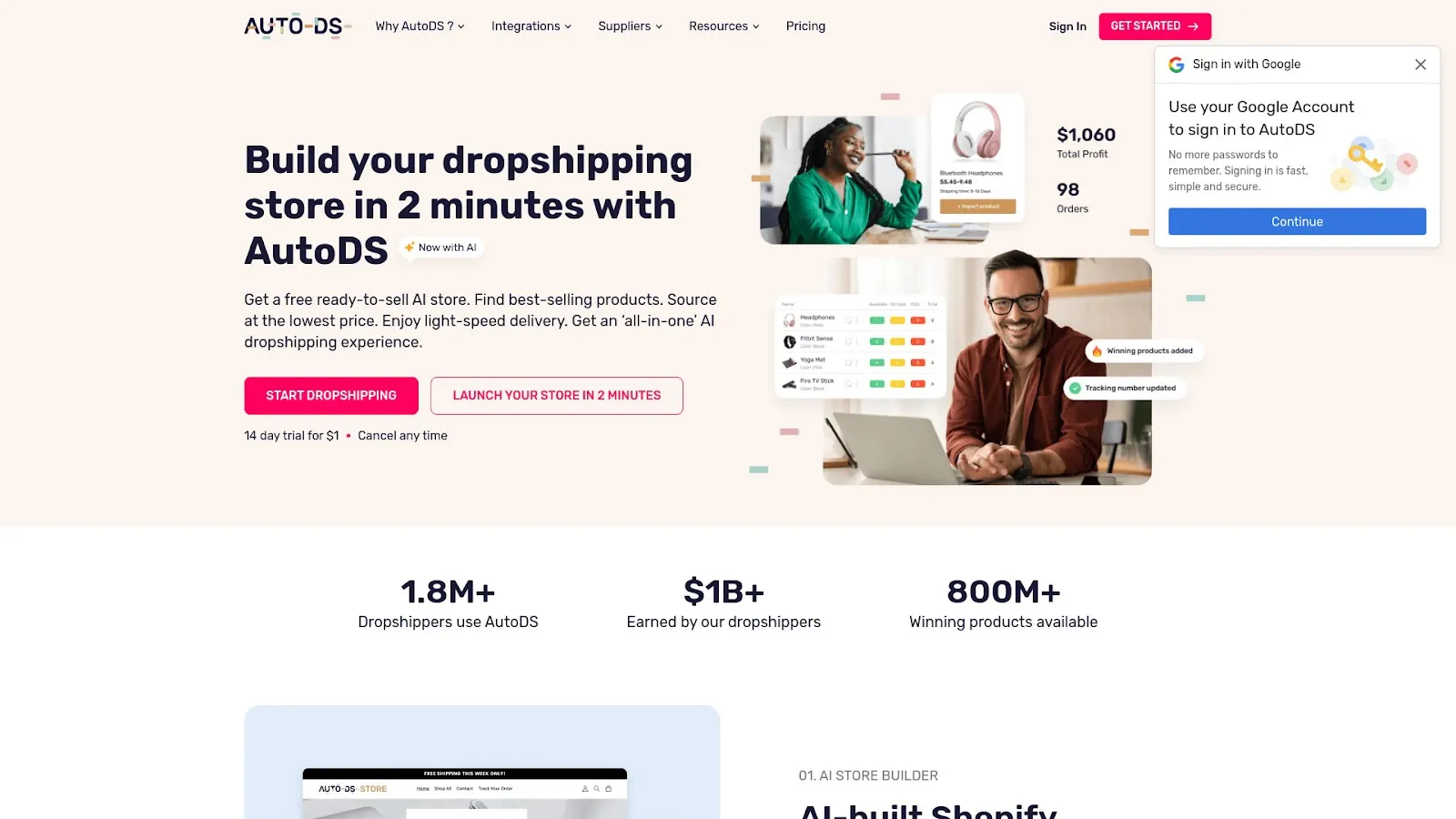 AutoDS website homepage displays a dropshipping headline, product dashboard, two people, statistics, buttons, and a Google sign-in popup.