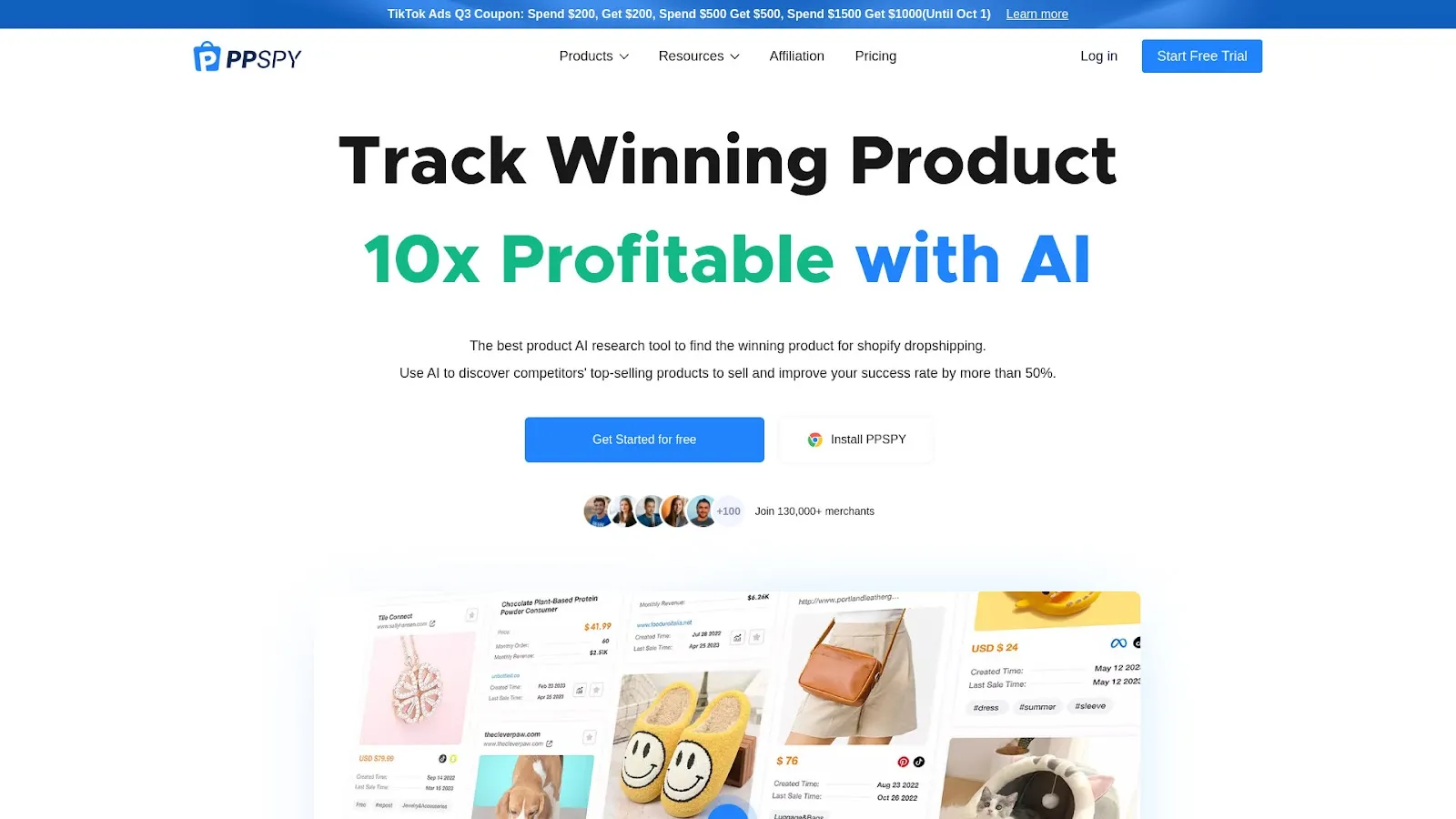 Website homepage displays “Track Winning Product 10x Profitable with AI” above a collage of product listings and buttons.