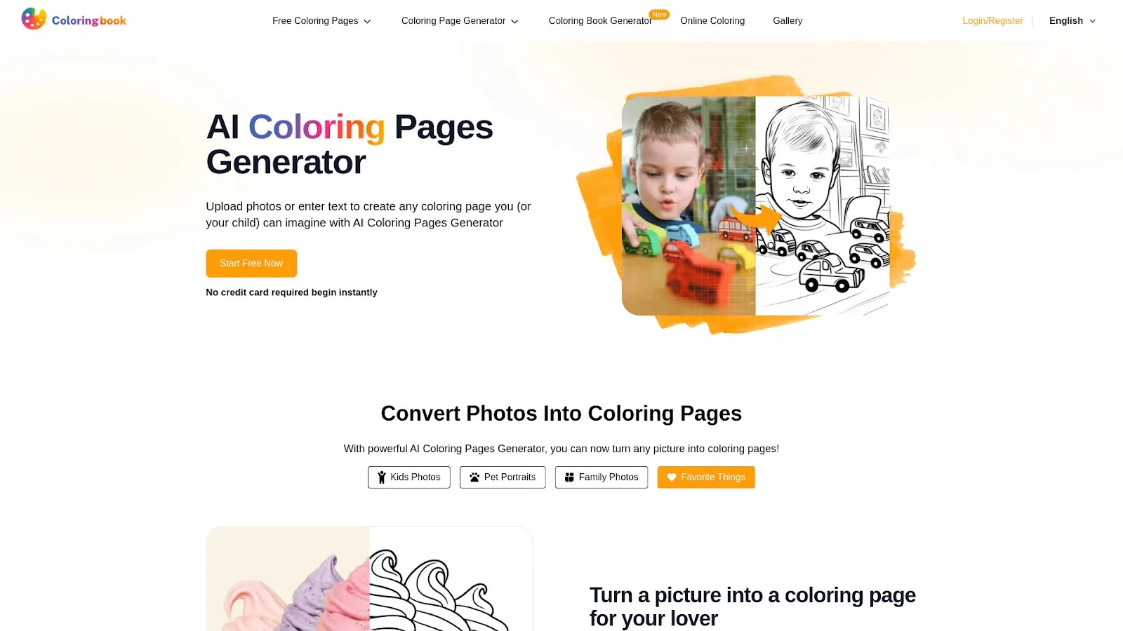 Webpage displays an “AI Coloring Pages Generator” heading beside a child, colorful toys, and black-and-white vehicle drawings.