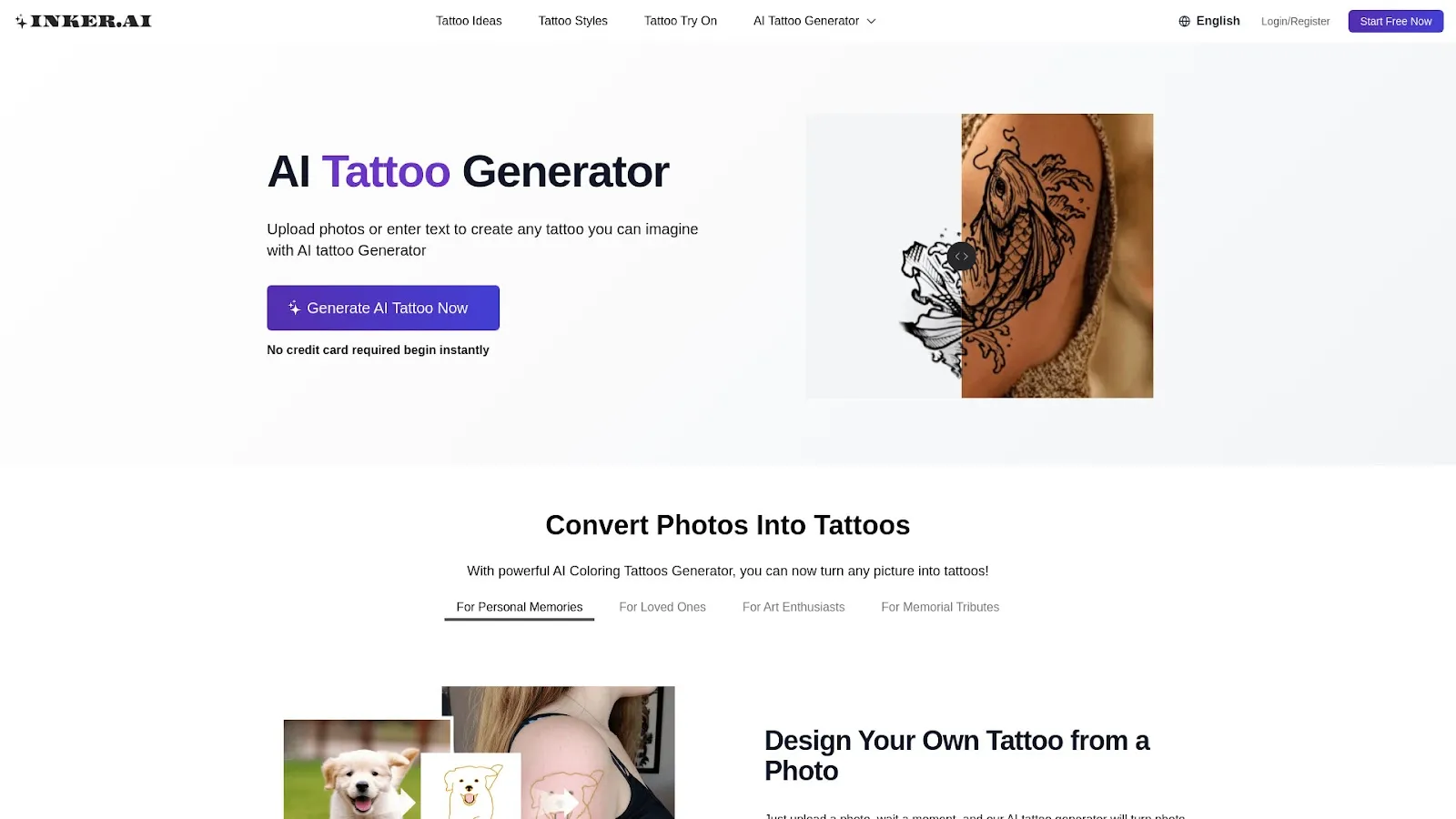 Website landing page displays an “AI Tattoo Generator” heading, purple button, and tattooed arm image on the right.